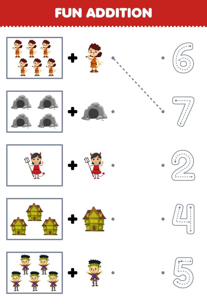 juego educativo para niños divertido contar y agregar un lindo conjunto de disfraces de dibujos animados más luego elija el número correcto trazando la línea de la hoja de trabajo de halloween vector