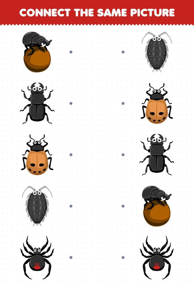 Education game for children connect the same picture of cute cartoon beetle ladybug louse spider printable bug worksheet vector