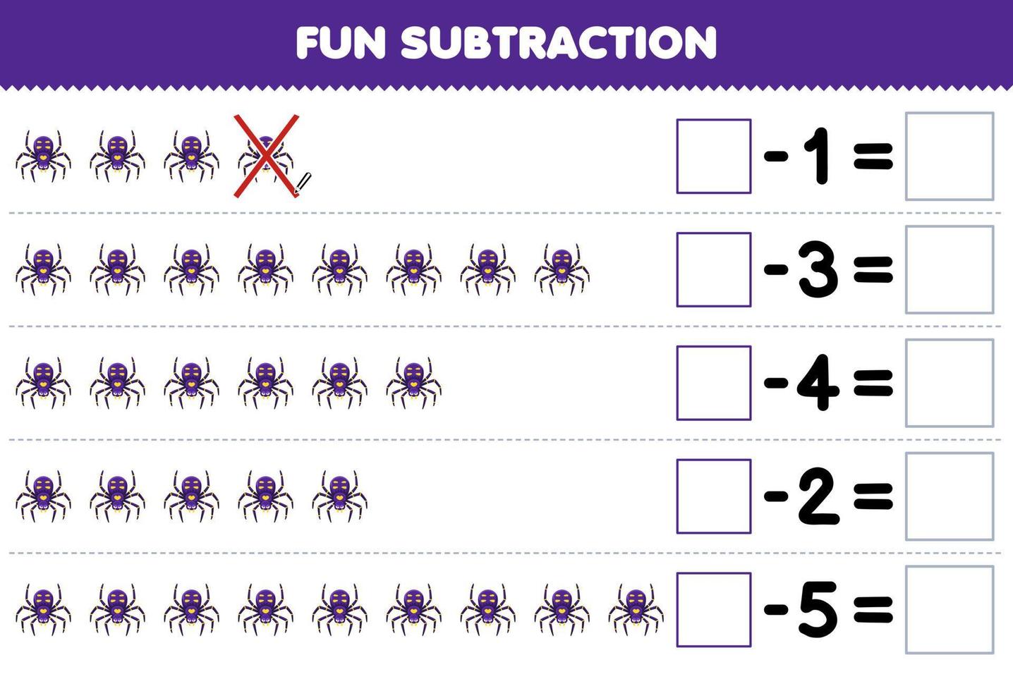 Education game for children fun subtraction by counting cute cartoon spider in each row and eliminating it printable bug worksheet vector