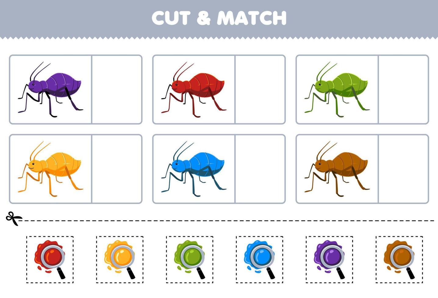 Education game for children cut and match the same color of cute cartoon aphid printable bug worksheet vector