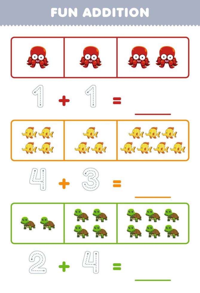 Education game for children fun addition by counting and tracing the number of cute cartoon octopus fish turtle printable animal worksheet vector