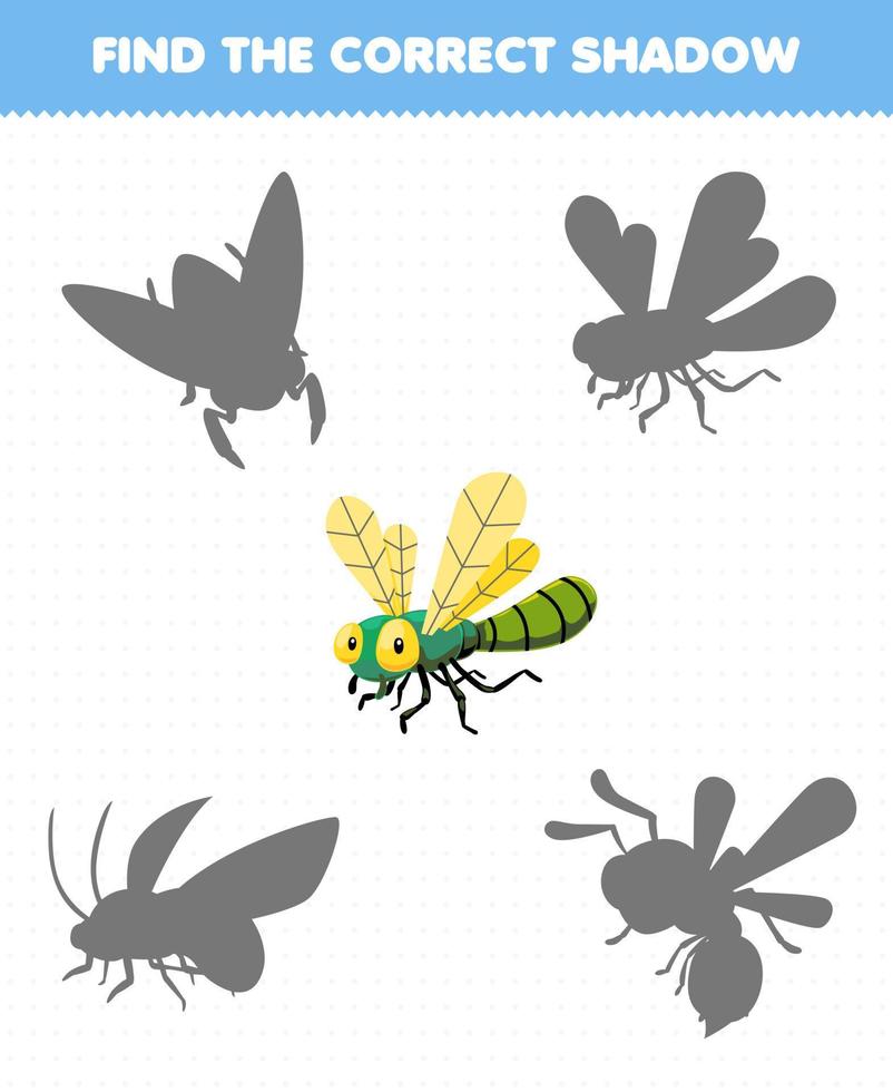 Education game for children find the correct shadow set of cute cartoon dragonfly printable bug worksheet vector