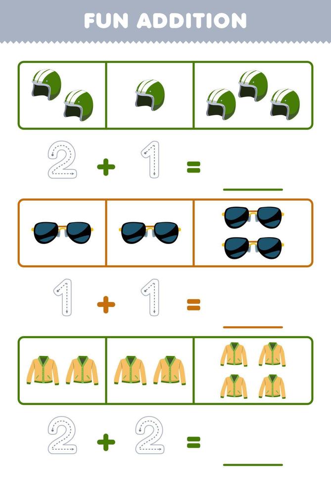 Education game for children fun addition by counting and tracing the number of cute cartoon helm sunglasses cardigan printable wearable clothes worksheet vector