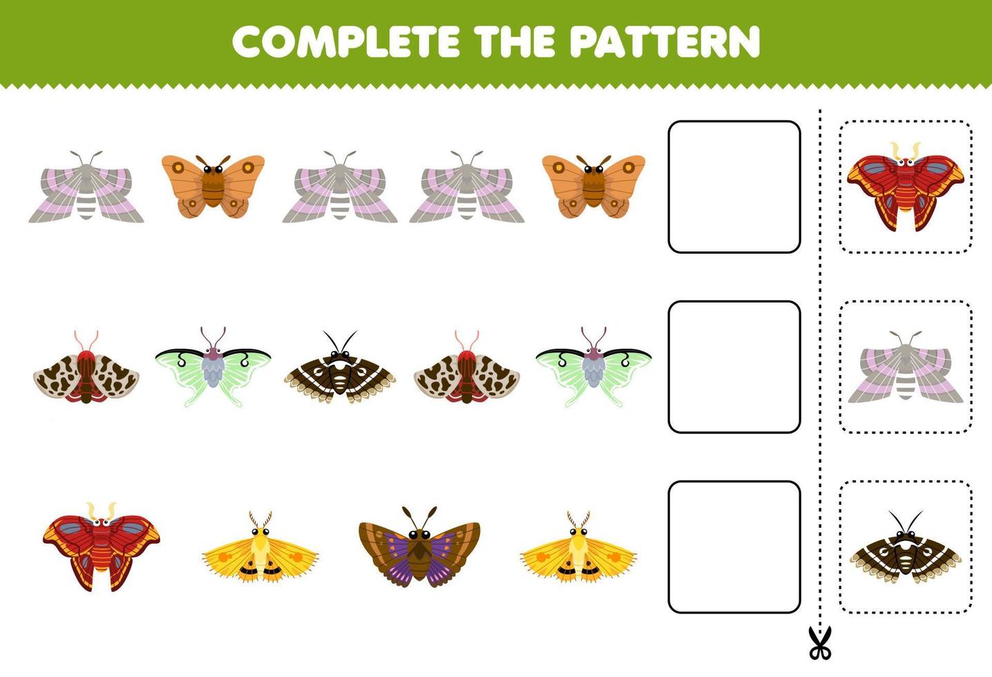 Education game for children complete the pattern of cute cartoon moth printable bug worksheet vector