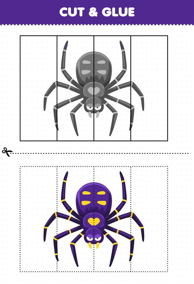 Education game for children cut and glue with cute cartoon spider printable bug worksheet vector