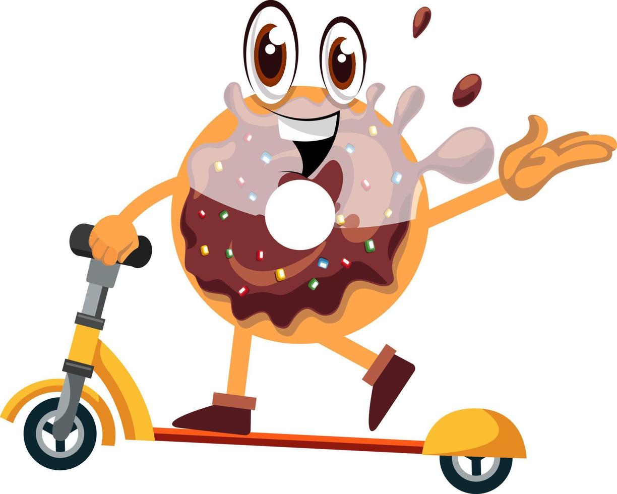 Donut en scooter, ilustración, vector sobre fondo blanco.