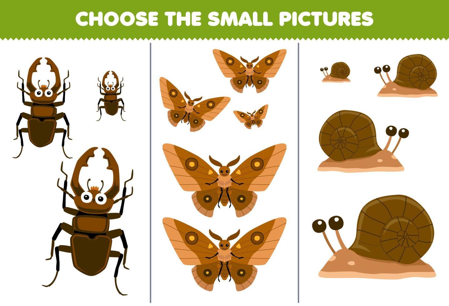 Education game for children choose the small picture of cute cartoon beetle moth snail printable bug worksheet vector