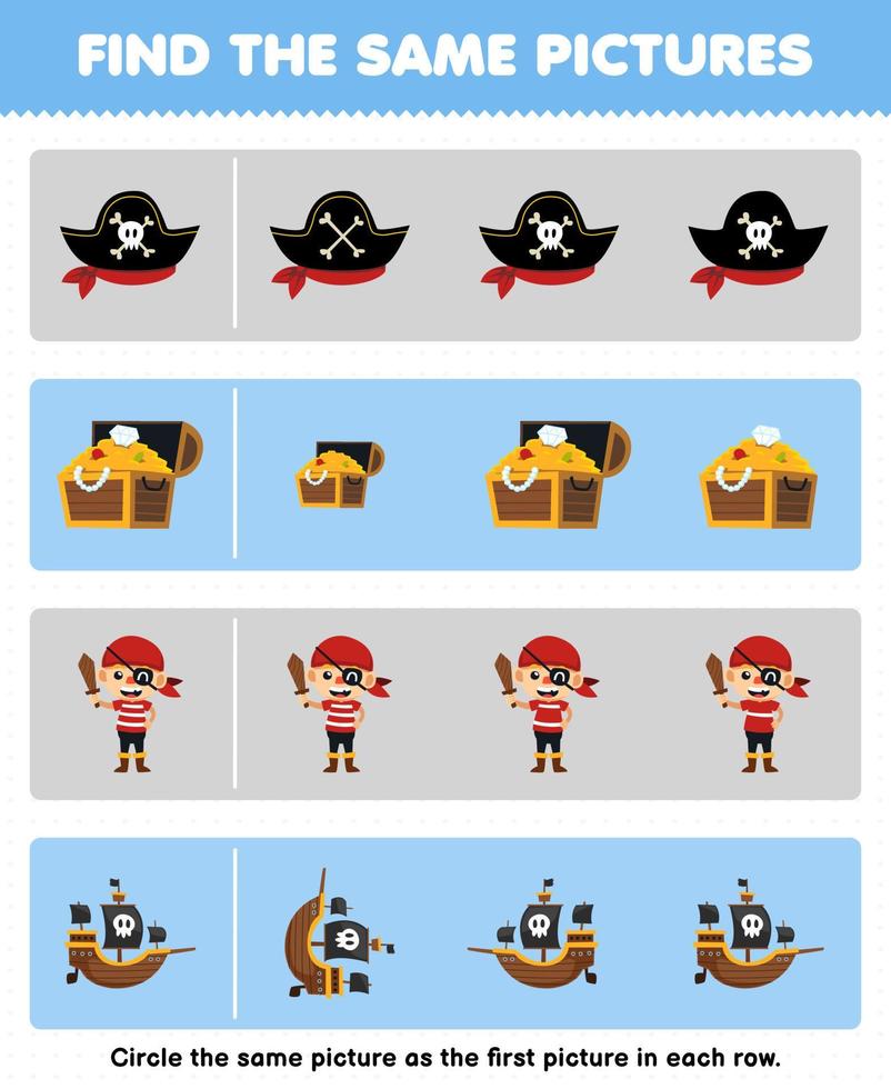 Education game for children find the same picture in each row of cute cartoon pirate hat treasure chest ship printable halloween worksheet vector