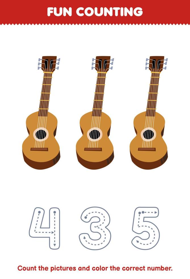 juego educativo para niños cuente las imágenes y coloree el número correcto de la hoja de trabajo de instrumento musical imprimible de guitarra de dibujos animados vector
