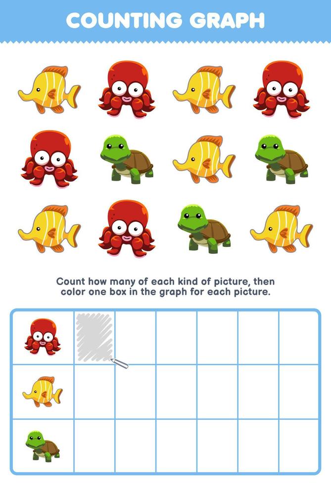 Education game for children count how many cute cartoon octopus fish turtle then color the box in the graph printable underwater animal worksheet vector