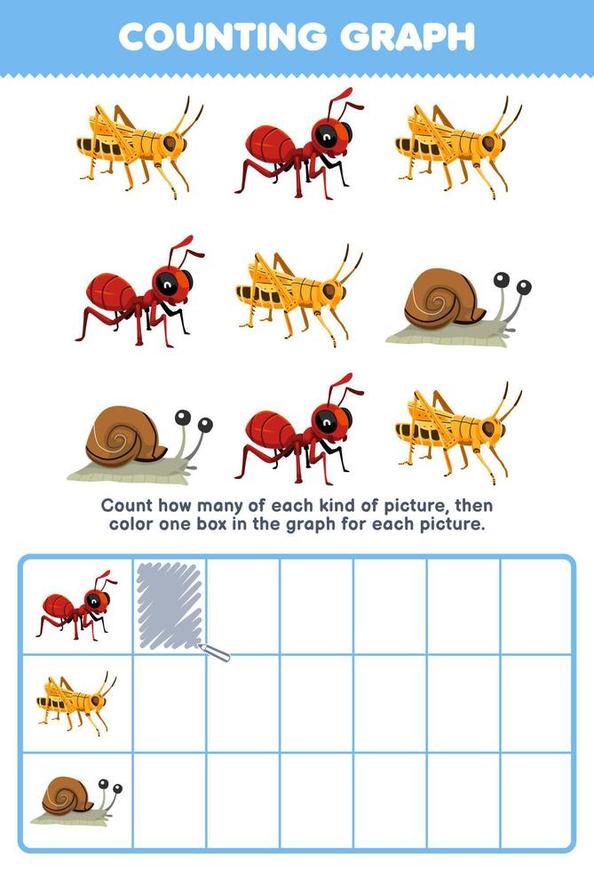 Education game for children count how many cute cartoon ant grasshopper snail then color the box in the graph printable bug worksheet vector
