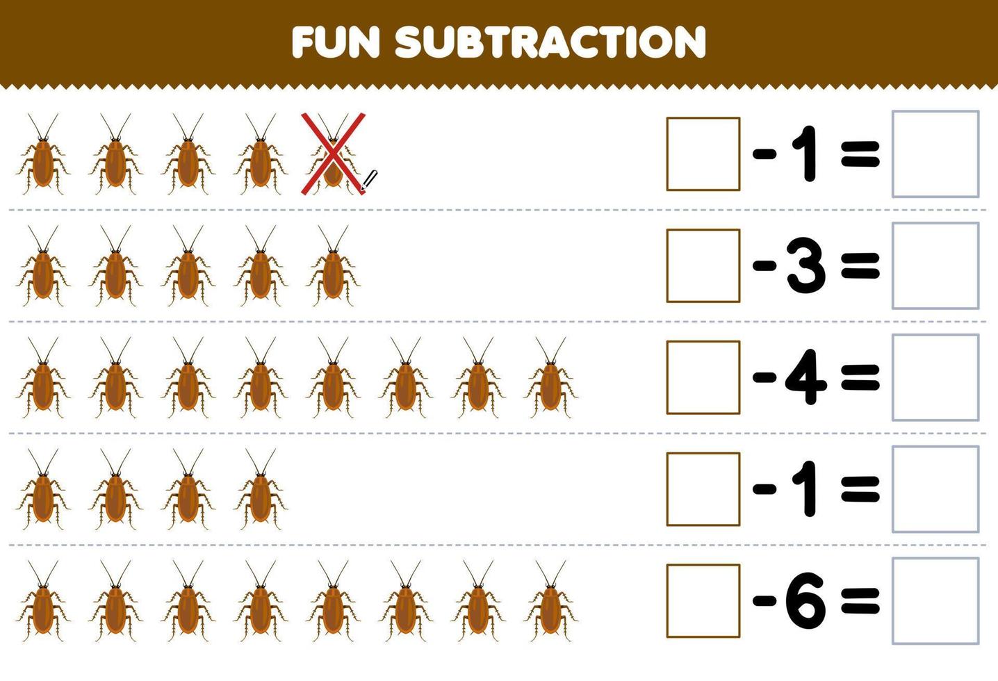 Education game for children fun subtraction by counting cute cartoon cockroach in each row and eliminating it printable bug worksheet vector