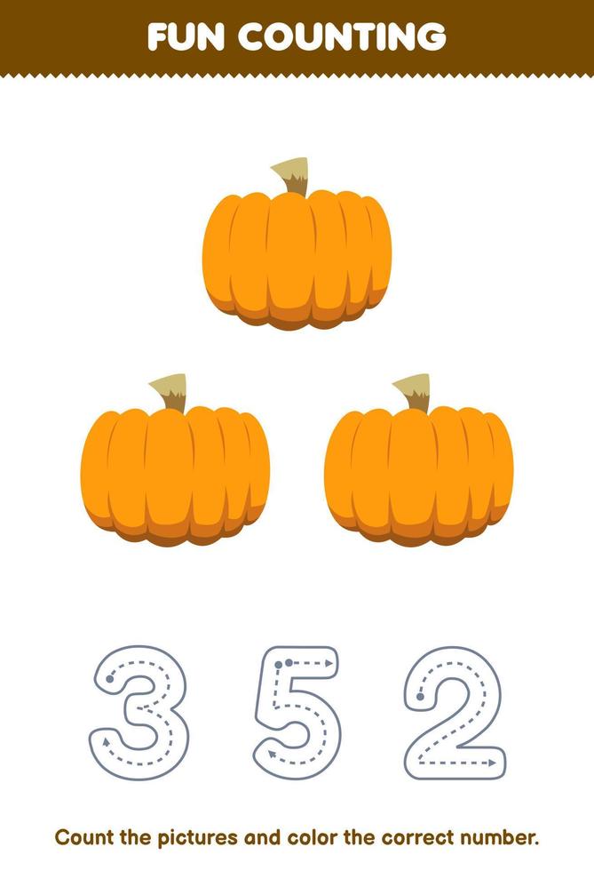 Education game for children count the pictures and color the correct number from cute cartoon pumpkin printable vegetable worksheet vector