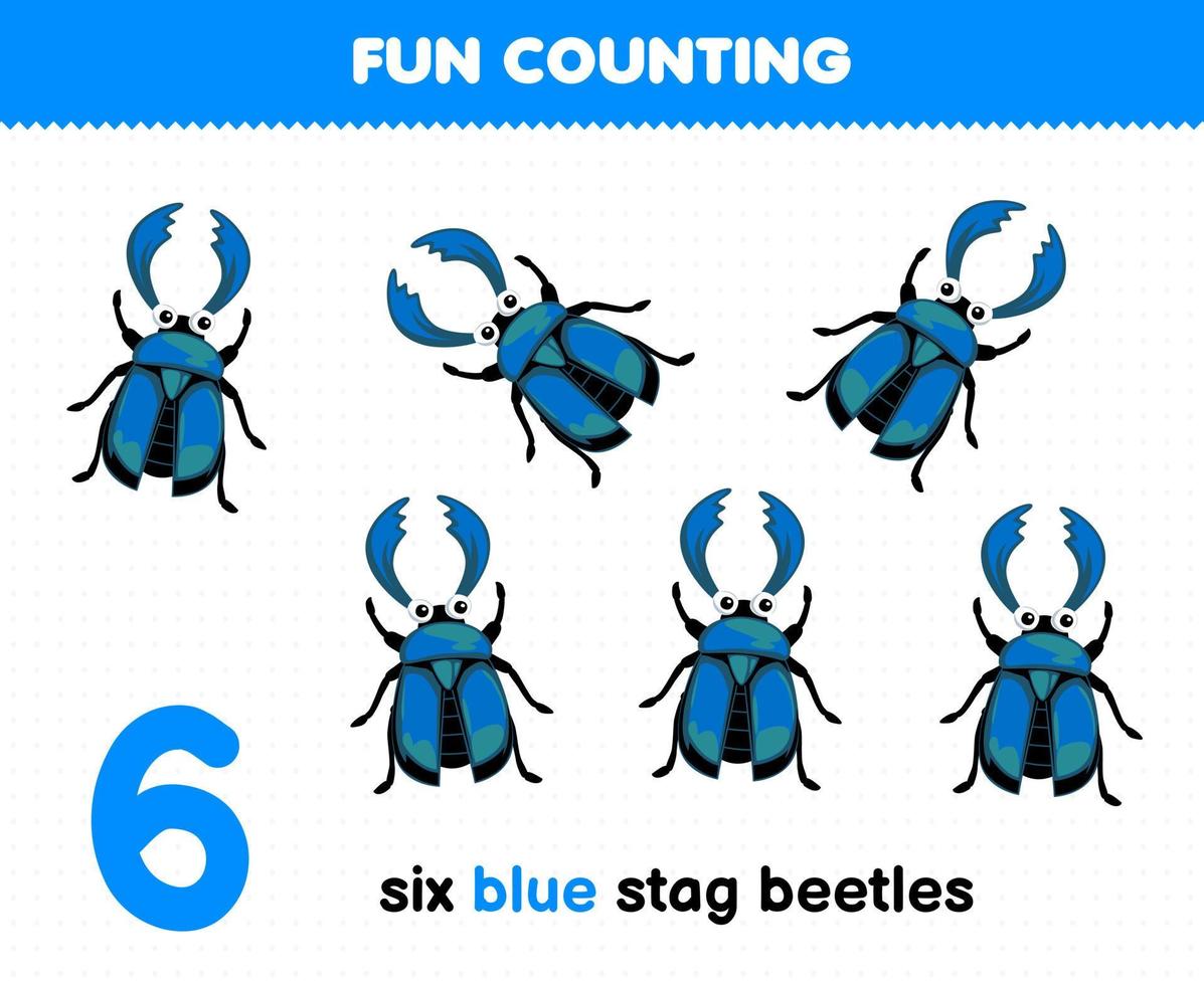 juego educativo para niños diversión contando seis escarabajos ciervos azules hoja de trabajo de error imprimible vector
