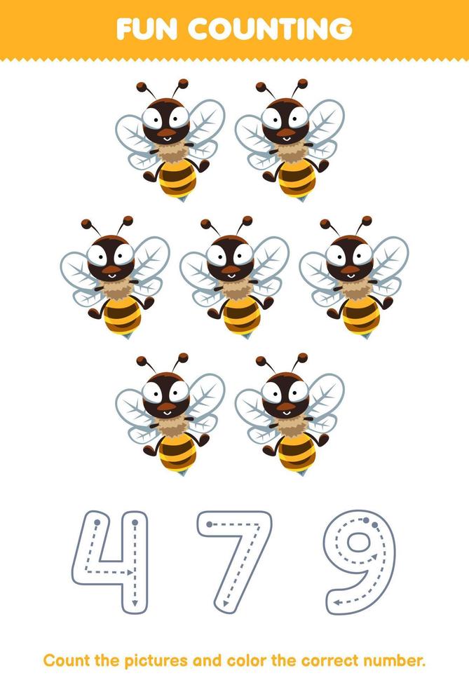 Education game for children count the pictures and color the correct number from cute cartoon yellow bee printable animal worksheet vector