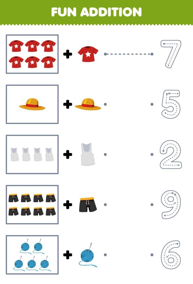 juego de educación para niños diversión adición de dibujos animados camiseta sombrero camiseta pantalón hilo luego elija el número correcto trazando la hoja de trabajo de ropa de línea vector