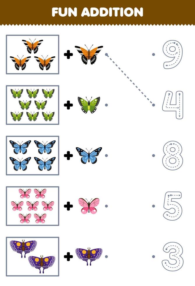 Education game for children fun addition of cute cartoon butterfly then choose the correct number by tracing the line bug worksheet vector