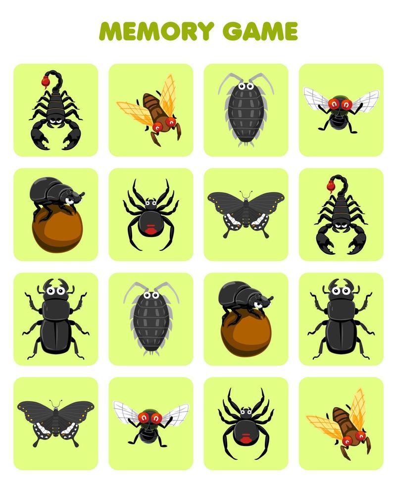 Education game for children memory to find similar pictures of cute cartoon scorpion cicada louse fly beetle butterfly printable bug worksheet vector