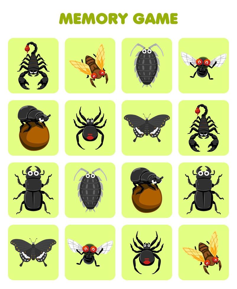 juego educativo para la memoria de los niños para encontrar imágenes similares de dibujos animados lindos escorpión cigarra piojo mosca escarabajo mariposa hoja de trabajo de error imprimible vector