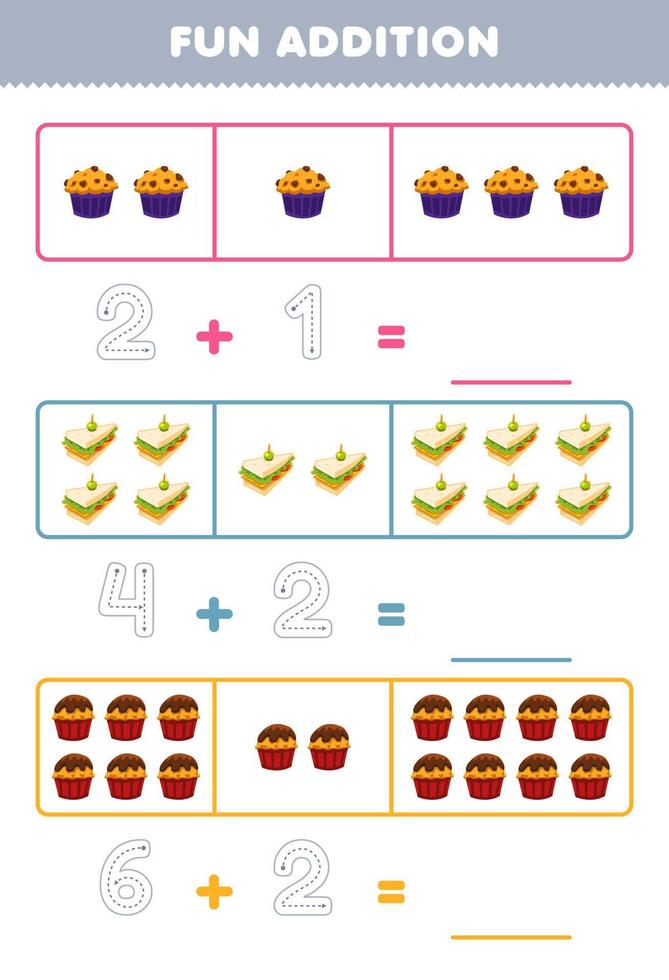 Education game for children fun addition by counting and tracing the number of cute cartoon muffin sandwich cupcake printable food worksheet vector