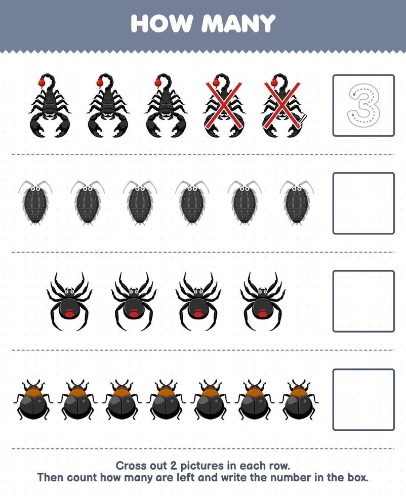 juego educativo para niños cuente cuántos lindos dibujos animados escorpión piojo araña escarabajo y escriba el número en el cuadro hoja de trabajo de error imprimible vector