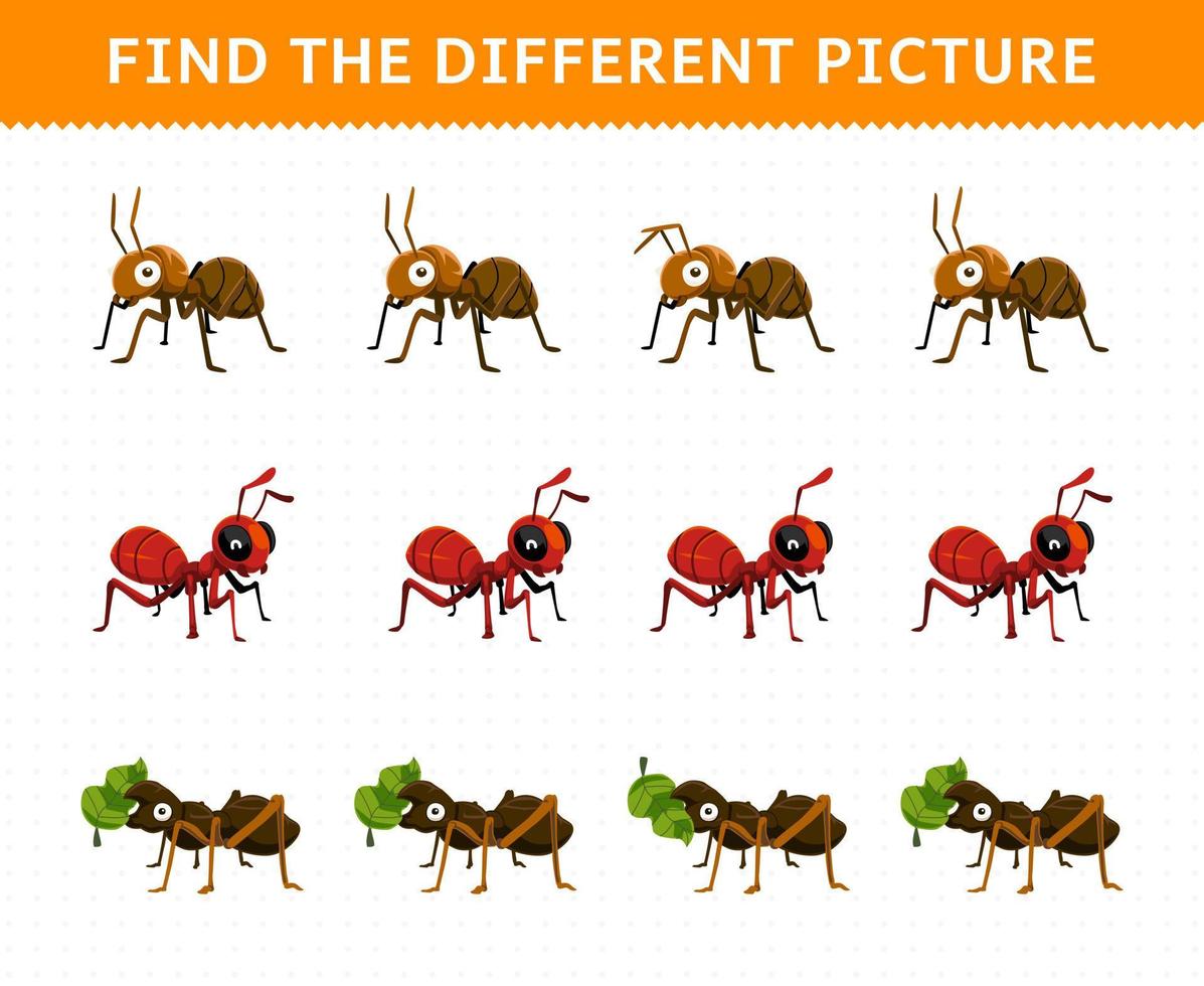 juego educativo para niños encuentra la imagen diferente en cada fila de la hoja de trabajo imprimible de error de hormiga de dibujos animados lindo vector