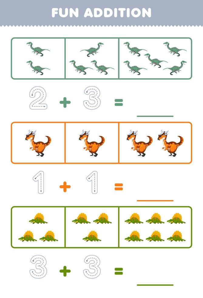 Education game for children fun addition by counting and tracing the number of cute cartoon velociraptor stygimoloch demitrodon printable prehistoric dinosaur worksheet vector