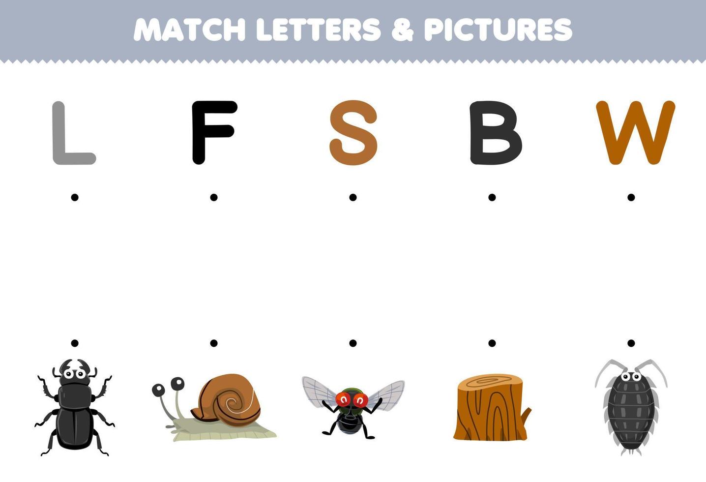 juego educativo para niños unir letras e imágenes de dibujos animados lindo escarabajo caracol mosca piojo de la madera hoja de trabajo de error imprimible vector