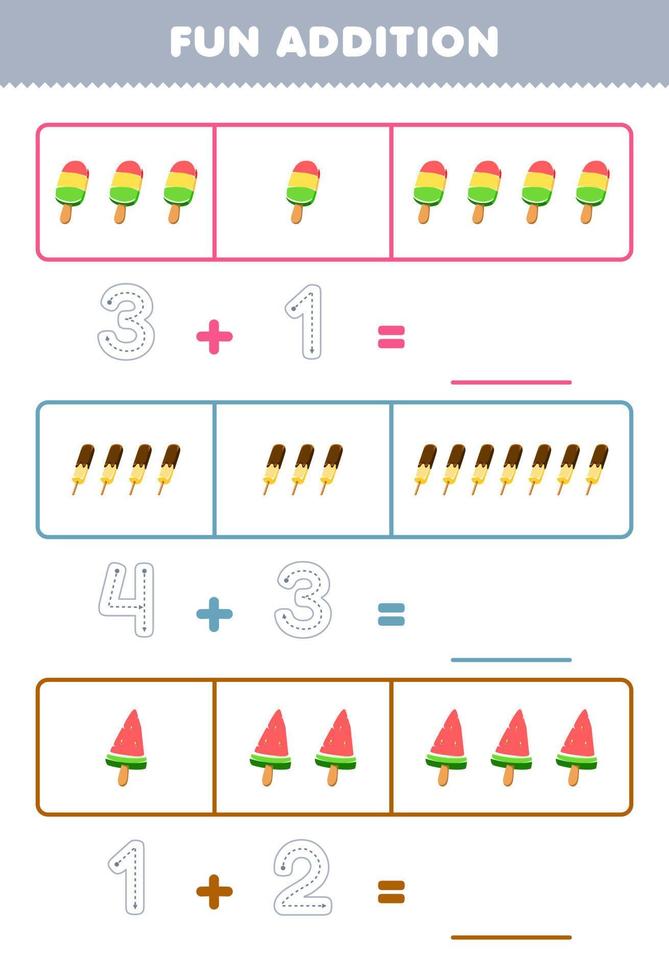 Education game for children fun addition by counting and tracing the number of cute cartoon popsicle printable food worksheet vector