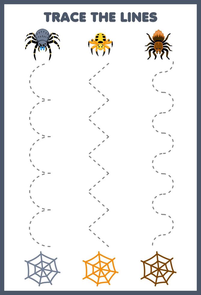 Education game for children handwriting practice trace the lines with cute cartoon spider and web picture printable bug worksheet vector