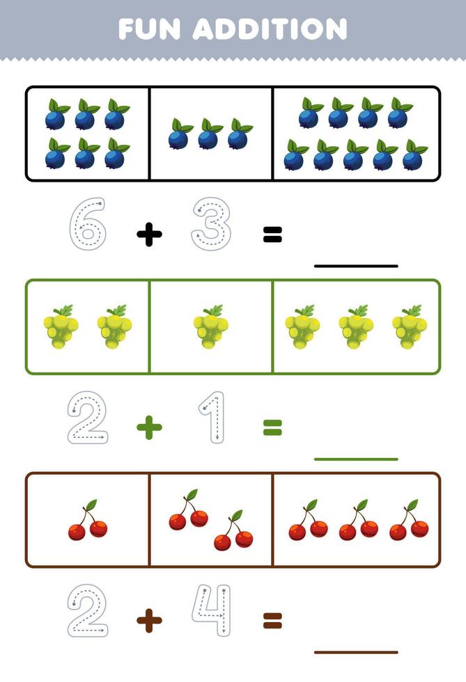 Education game for children fun addition by counting and tracing the number of cute cartoon blueberry grape cherry printable fruit worksheet vector