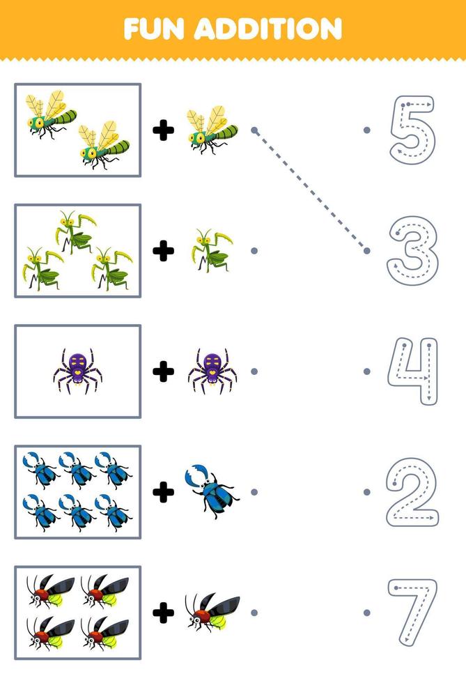 juego educativo para niños divertido adición de dibujos animados lindo libélula mantis araña escarabajo luciérnaga luego elija el número correcto rastreando la hoja de trabajo de error de línea vector