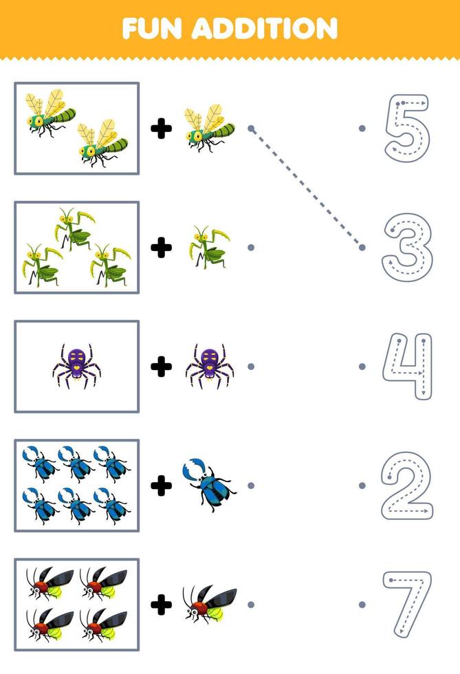 Education game for children fun addition of cute cartoon dragonfly mantis spider beetle firefly then choose the correct number by tracing the line bug worksheet vector