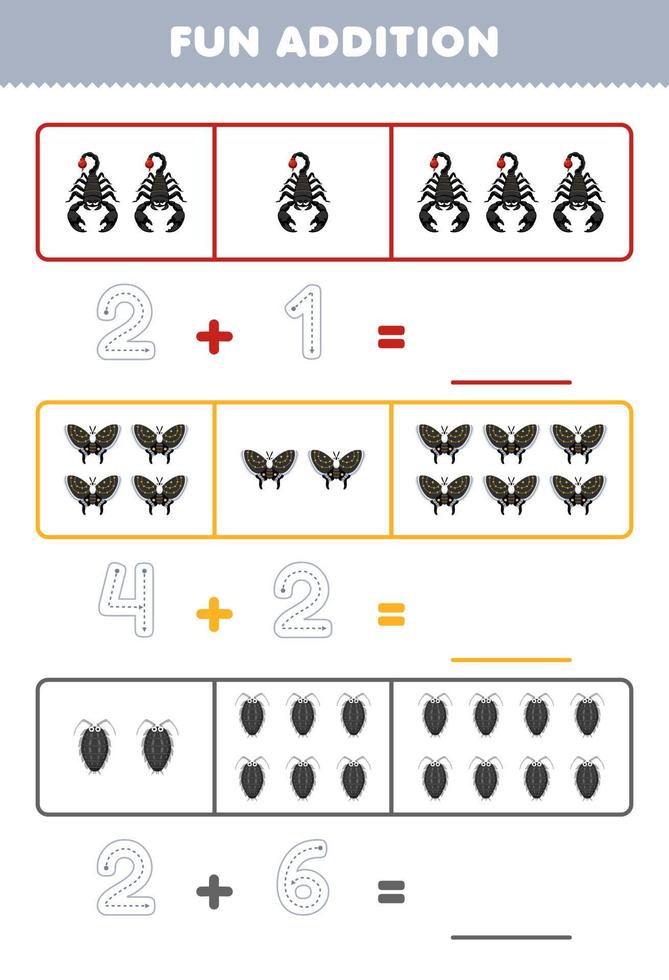 juego educativo para niños divertido además contando y rastreando el número de lindos dibujos animados escorpión mariposa piojo imprimible hoja de trabajo de errores vector