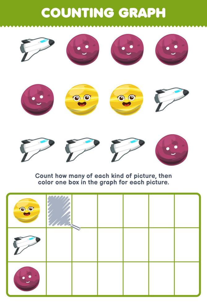 Education game for children count how many cute cartoon planet spaceship then color the box in the graph printable solar system worksheet vector