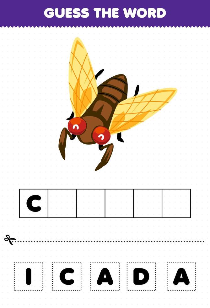 Education game for children guess the word letters practicing of cute cartoon cicada printable bug worksheet vector