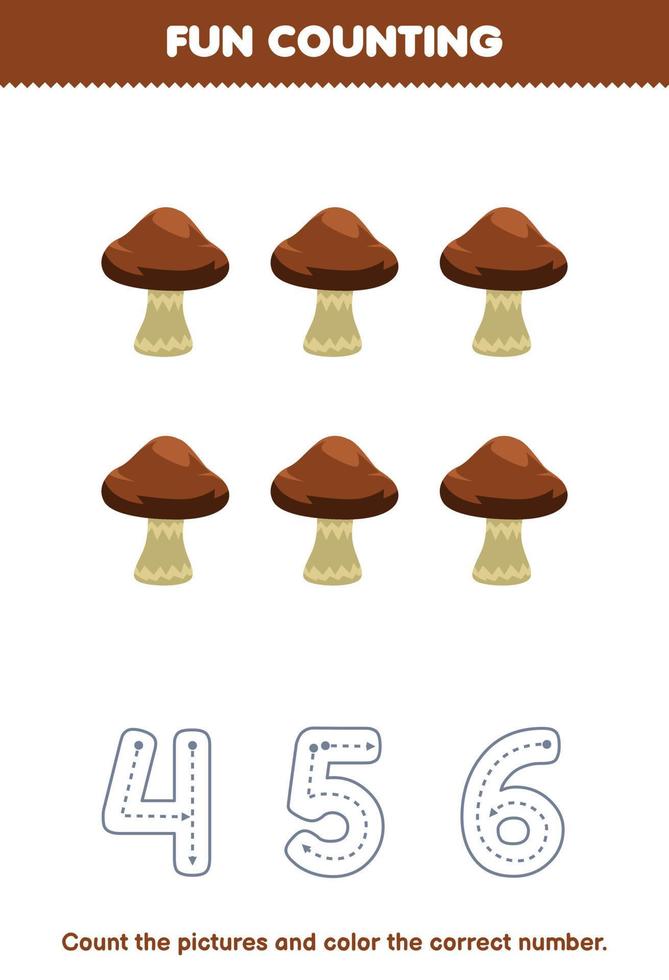 Education game for children count the pictures and color the correct number from cute cartoon mushroom printable vegetable worksheet vector