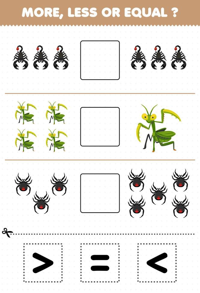 juego educativo para niños más menos o igual contar la cantidad de dibujos animados lindo escorpión mantis araña luego cortar y pegar cortar la hoja de trabajo de error de señal correcta vector