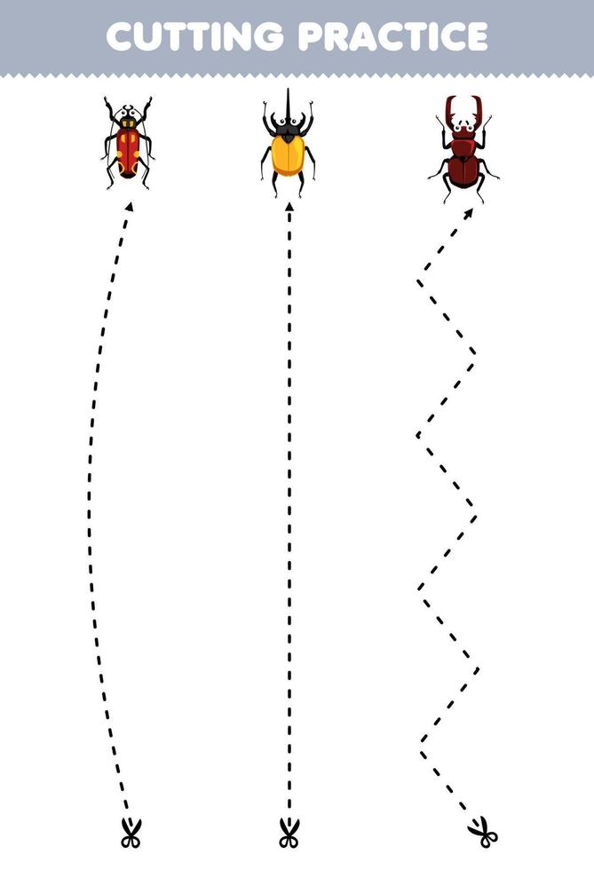 Education game for children cutting practice with cute cartoon beetle printable bug worksheet vector