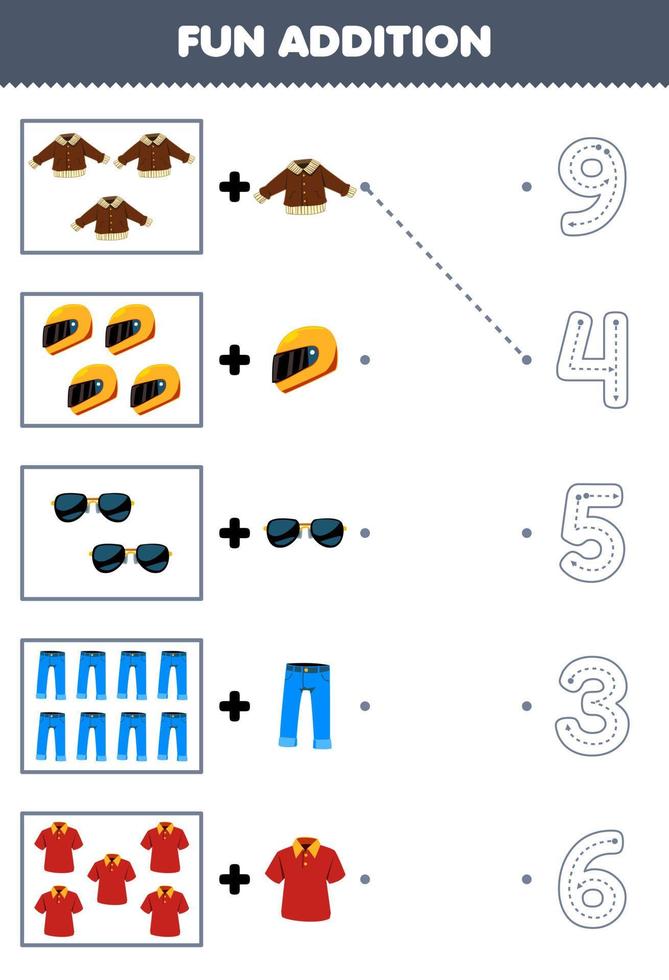 Education game for children fun addition of cartoon jacket helm sunglasses jean polo shirt then choose the correct number by tracing the line clothes worksheet vector