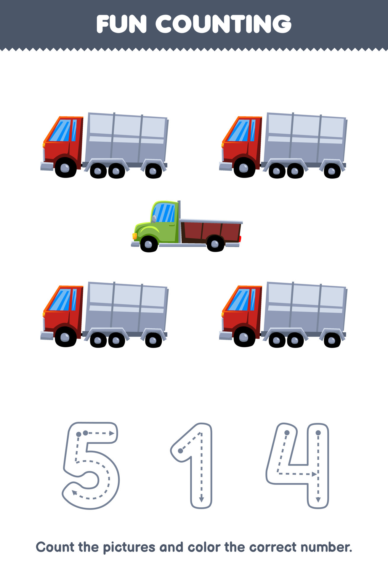 Education game for children count the pictures and color the correct number  from cute cartoon truck printable transportation worksheet 13696069 Vector  Art at Vecteezy