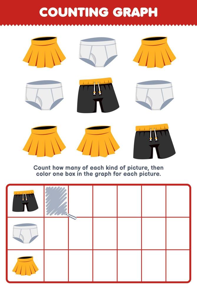 Education game for children count how many cute cartoon skirt pant and underpants then color the box in the graph printable wearable clothes worksheet vector