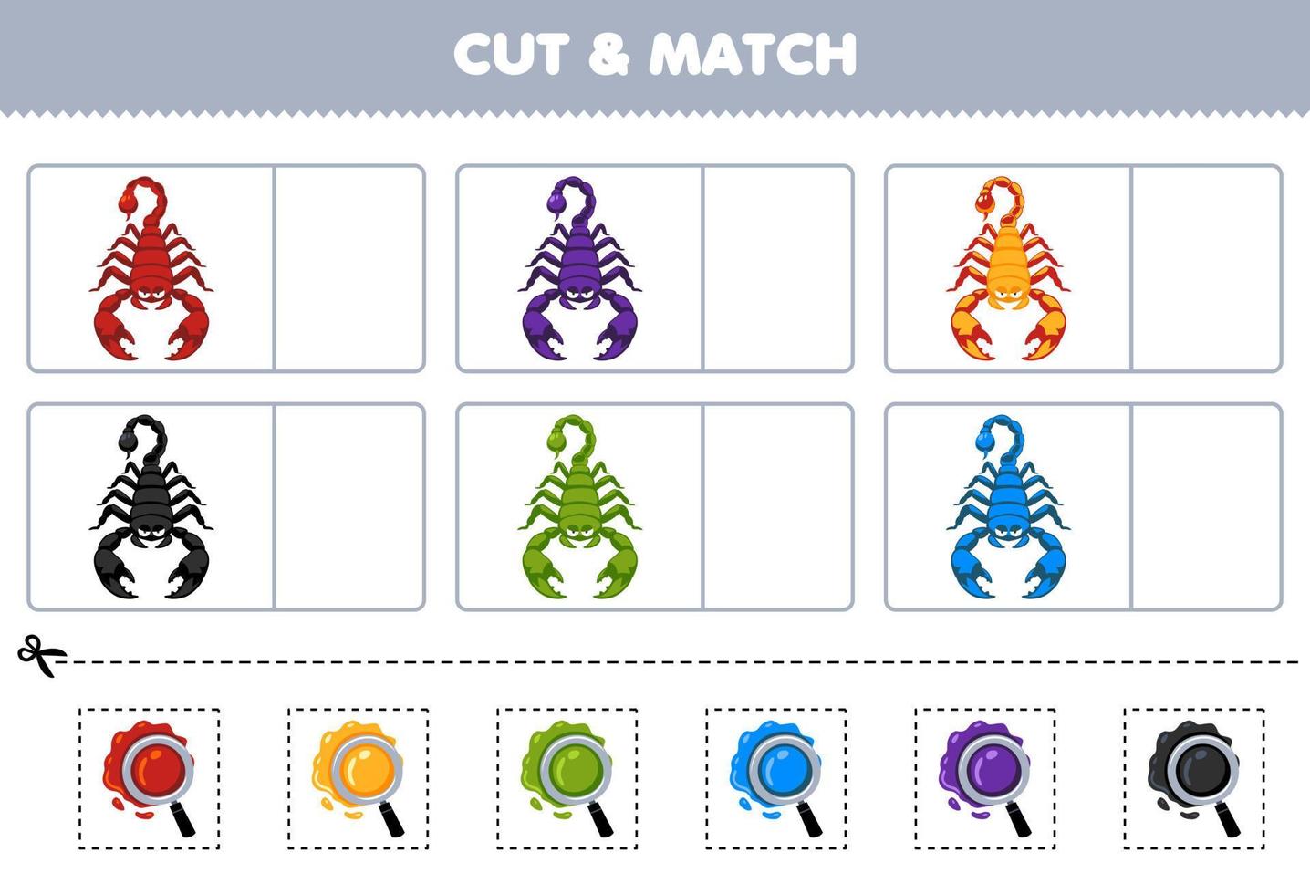 Education game for children cut and match the same color of cute cartoon scorpion printable bug worksheet vector