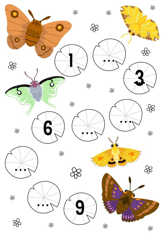 Education game for complete the sequence of number with cute cartoon moth picture printable bug worksheet vector