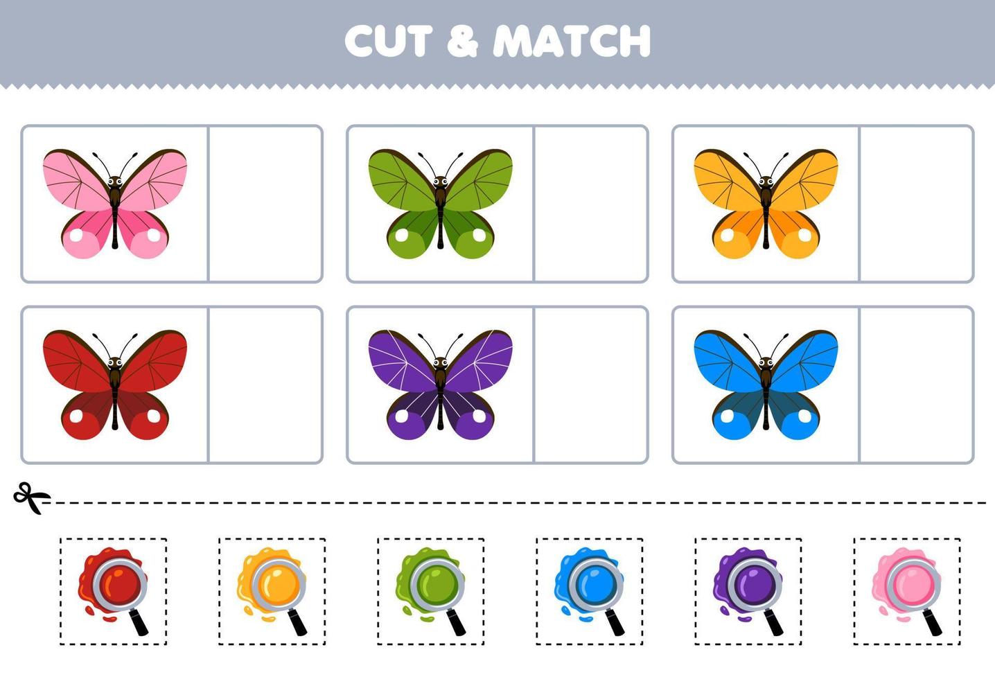 juego educativo para niños cortar y combinar el mismo color de la hoja de trabajo de error imprimible de mariposa de dibujos animados lindo vector