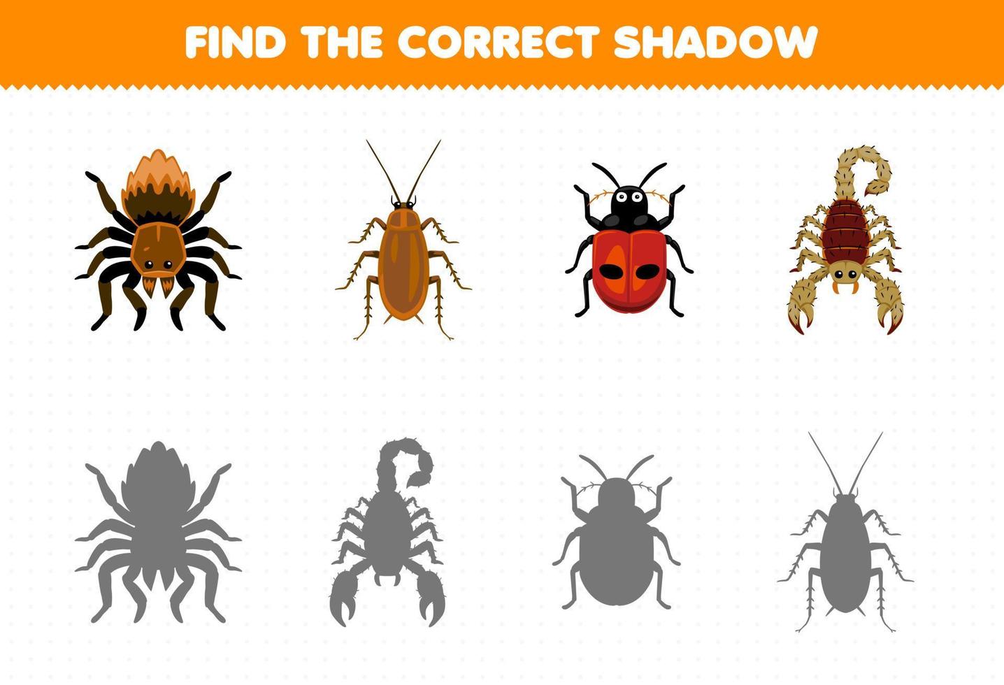 Education game for children find the correct shadow set of cute cartoon spider cockroach ladybug scorpion printable bug worksheet vector