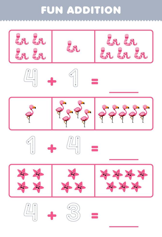 Education game for children fun addition by counting and tracing the number of cute cartoon worm flamingo starfish printable animal worksheet vector