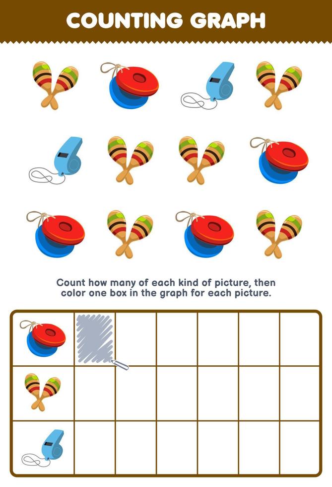 Education game for children count how many cute cartoon castanet maracas whistle then color the box in the graph printable music instrument worksheet vector