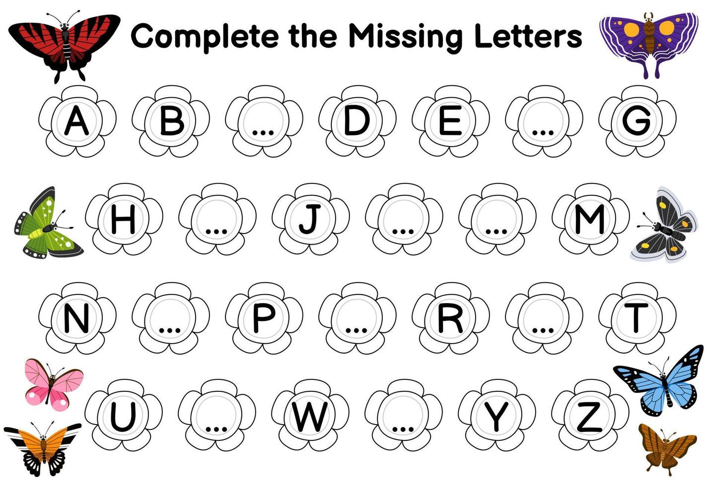 Education game for complete the missing letters with cute cartoon butterfly picture printable bug worksheet vector