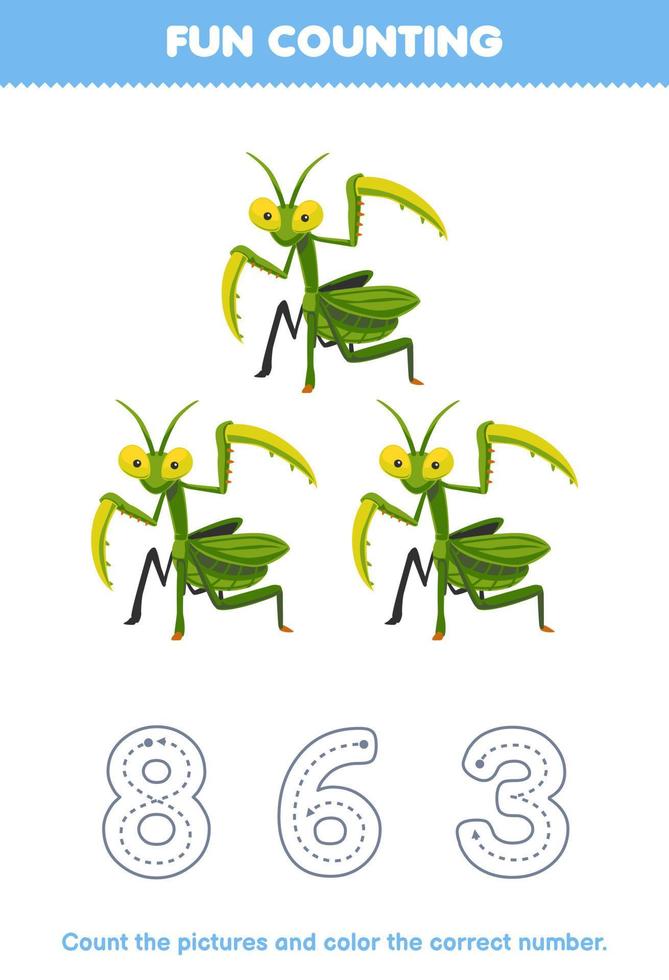 Education game for children count the pictures and color the correct number from cute cartoon mantis printable bug worksheet vector
